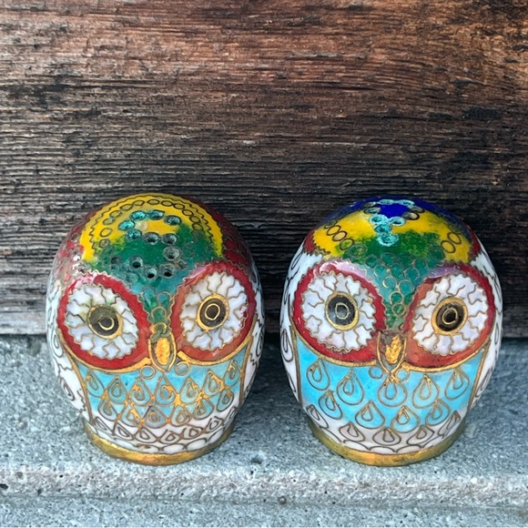 Vintage Cloisonné Chinese Owl Salt & Pepper Shakers – Set – Good Condition - Picture 3 of 8